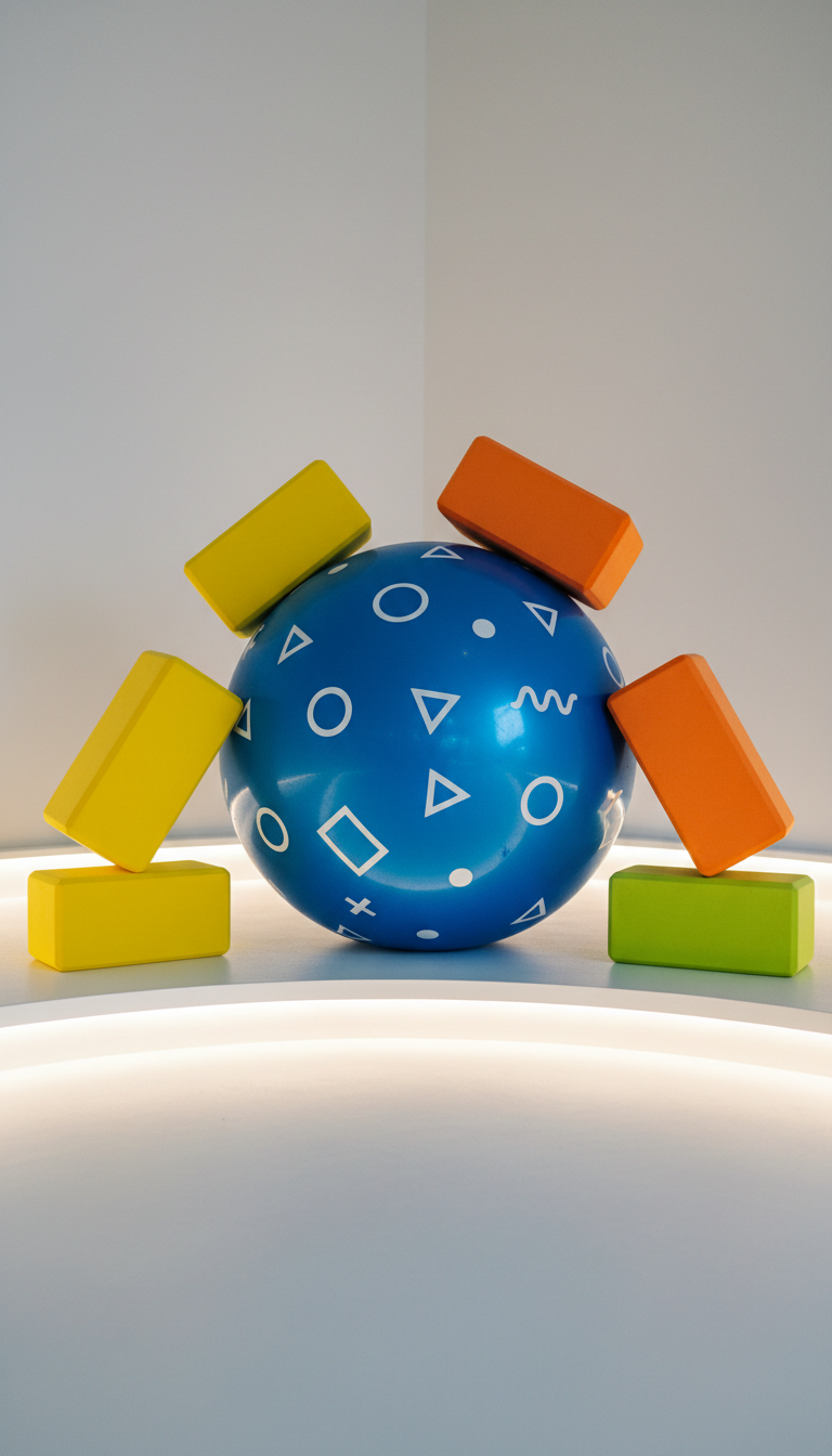 A glossy, oversized exercise ball in electric blue, imprinted with cheerful white geometric patterns, sits at the center of a clean workout studio corner. Around it, thick foam yoga blocks in rounded, asymmetric forms and citrus colors balance in a whimsical arrangement. The soft, radiant glow from a row of hidden uplights along the curved baseboard fills the space with vibrant energy, while subtle highlights on rubber textures bring a sense of tactile reality. Captured from a low-angle, slightly off-center composition, the mood is energetic, playful, and bold. The photographic style emphasizes vibrancy and the rhythmic flow of fitness as pure enjoyment.