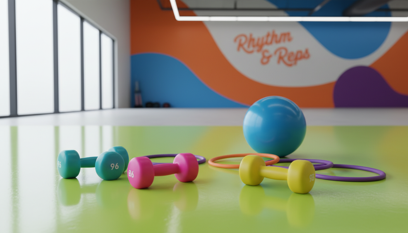 A vibrant collection of colorful fitness equipment—including smooth, rounded dumbbells in energetic shades of teal, fuchsia, and yellow—artfully arranged on a glossy, spring-green exercise mat. The scene is set within a spacious, modern fitness studio with curved, whimsical wall graphics in bold, sweeping shapes. Crisp, diffused daylight streams through oversized frosted windows, casting lively reflections and soft shadows that accentuate the equipment's playful contours. Photographed from a slightly elevated perspective with sharp focus throughout, the composition bursts with dynamic positivity and a sense of approachable fun. The image captures Rhythm & Reps' playful, energetic spirit with a photographic realism and a bright, inviting palette.